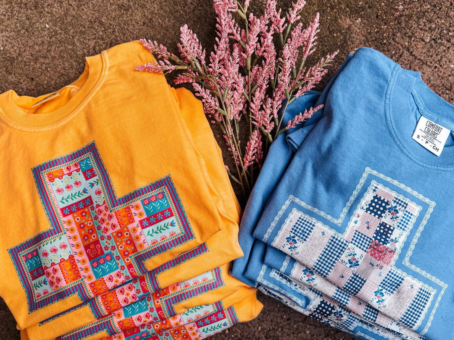 Pink & Blue Patchwork Cross | Mystic Blue | Short Sleeve