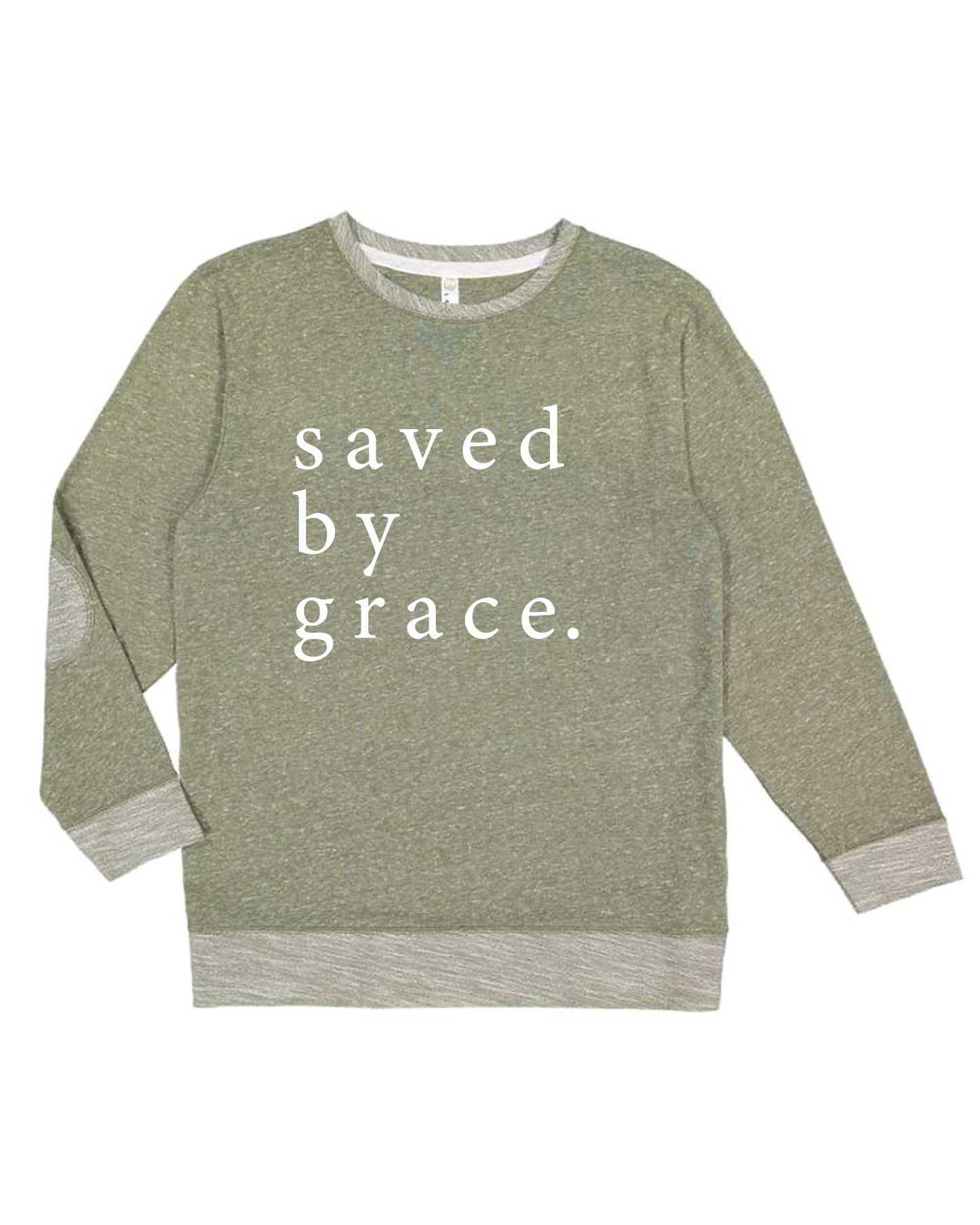 Saved By Grace | Military Green | French Terry Sweater with Elbow Patches