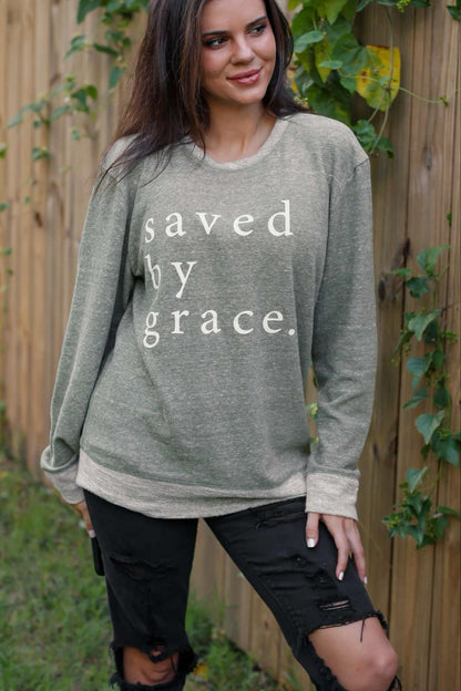 Saved By Grace | Military Green | French Terry Sweater with Elbow Patches