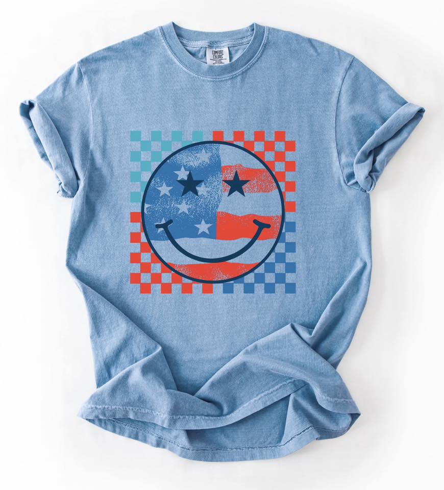 Patriotic Smiley | Washed Denim | Short Sleeve