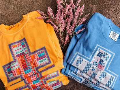 Pink & Blue Patchwork Cross | Mystic Blue | Short Sleeve