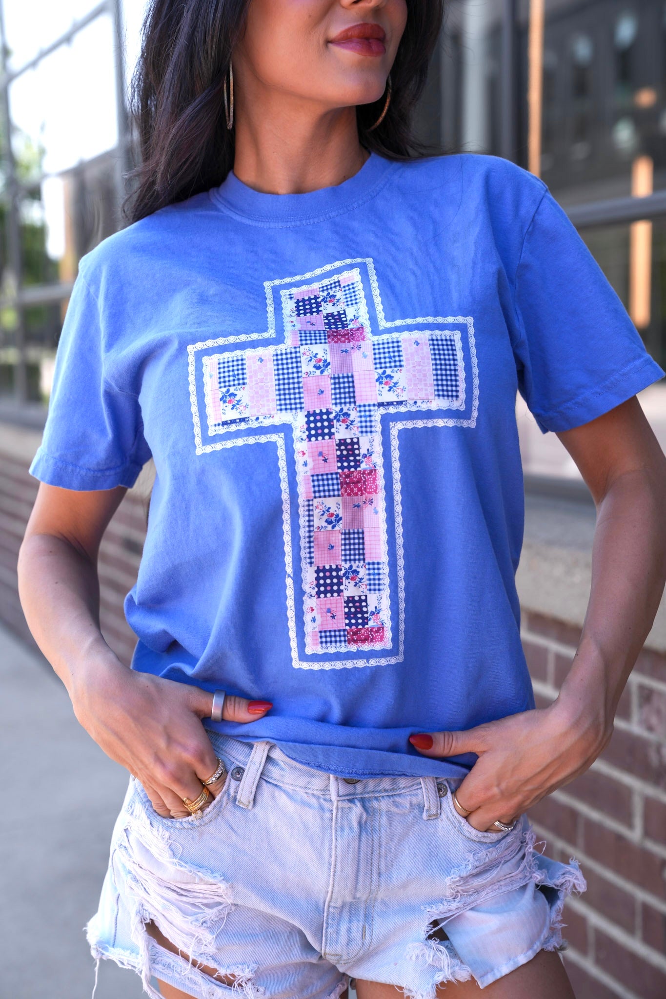 Pink & Blue Patchwork Cross | Mystic Blue | Short Sleeve