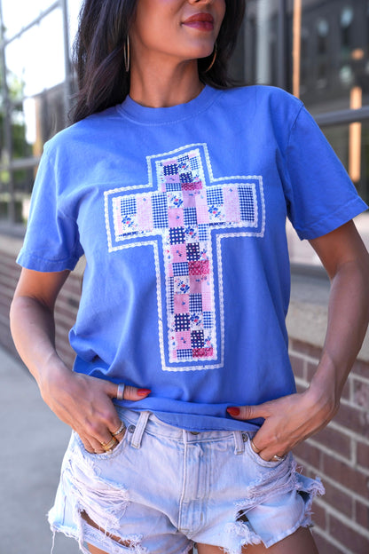 Pink & Blue Patchwork Cross | Mystic Blue | Short Sleeve
