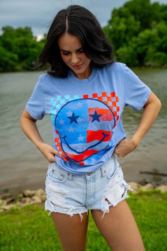 Patriotic Smiley | Washed Denim | Short Sleeve