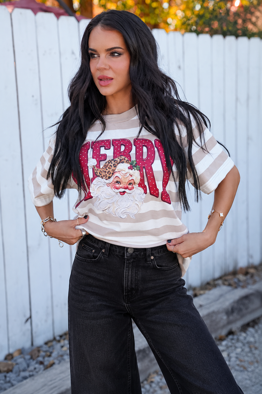 Merry Santa | Striped Tan Short Sleeve Tee