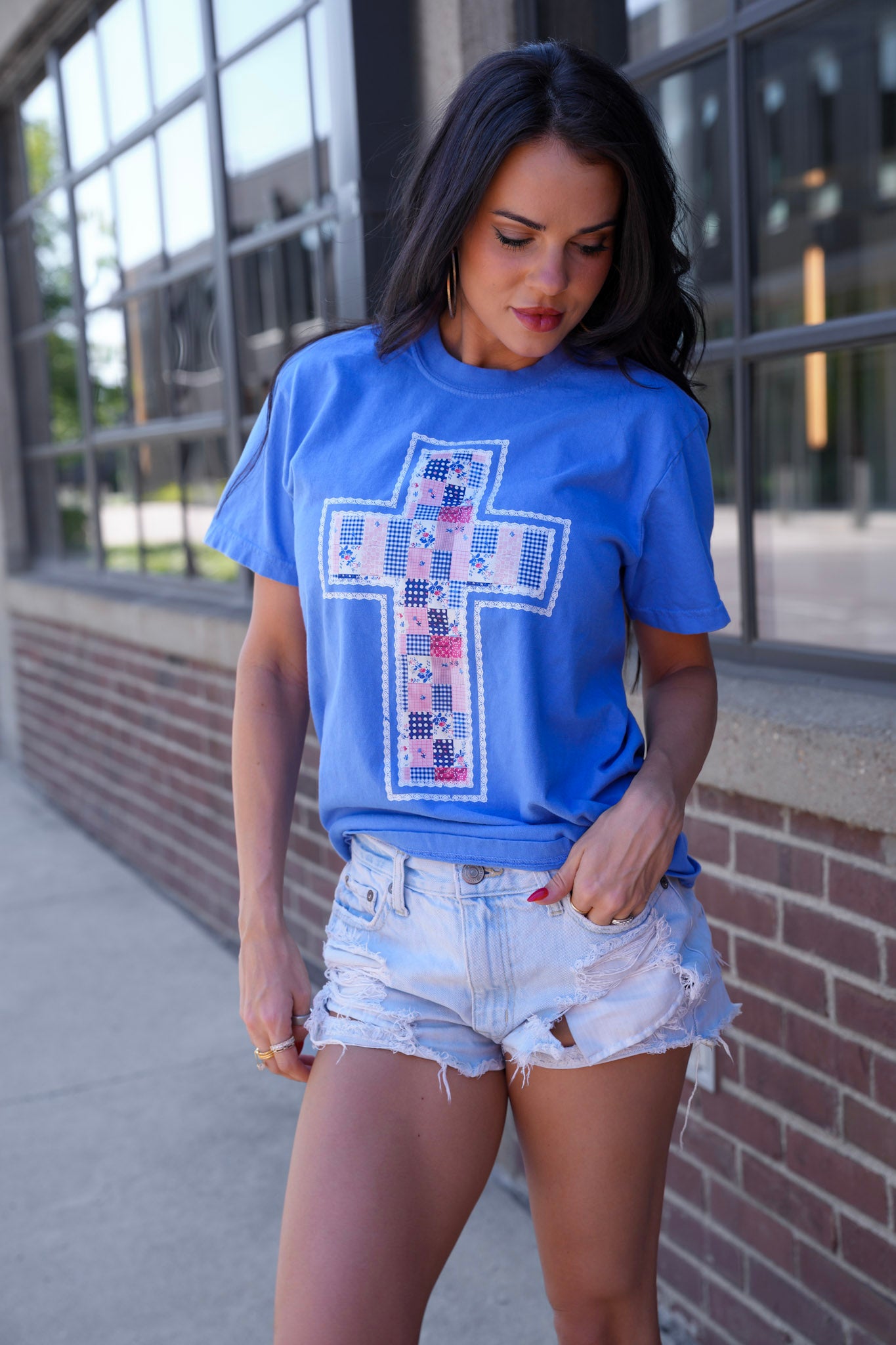 Pink & Blue Patchwork Cross | Mystic Blue | Short Sleeve