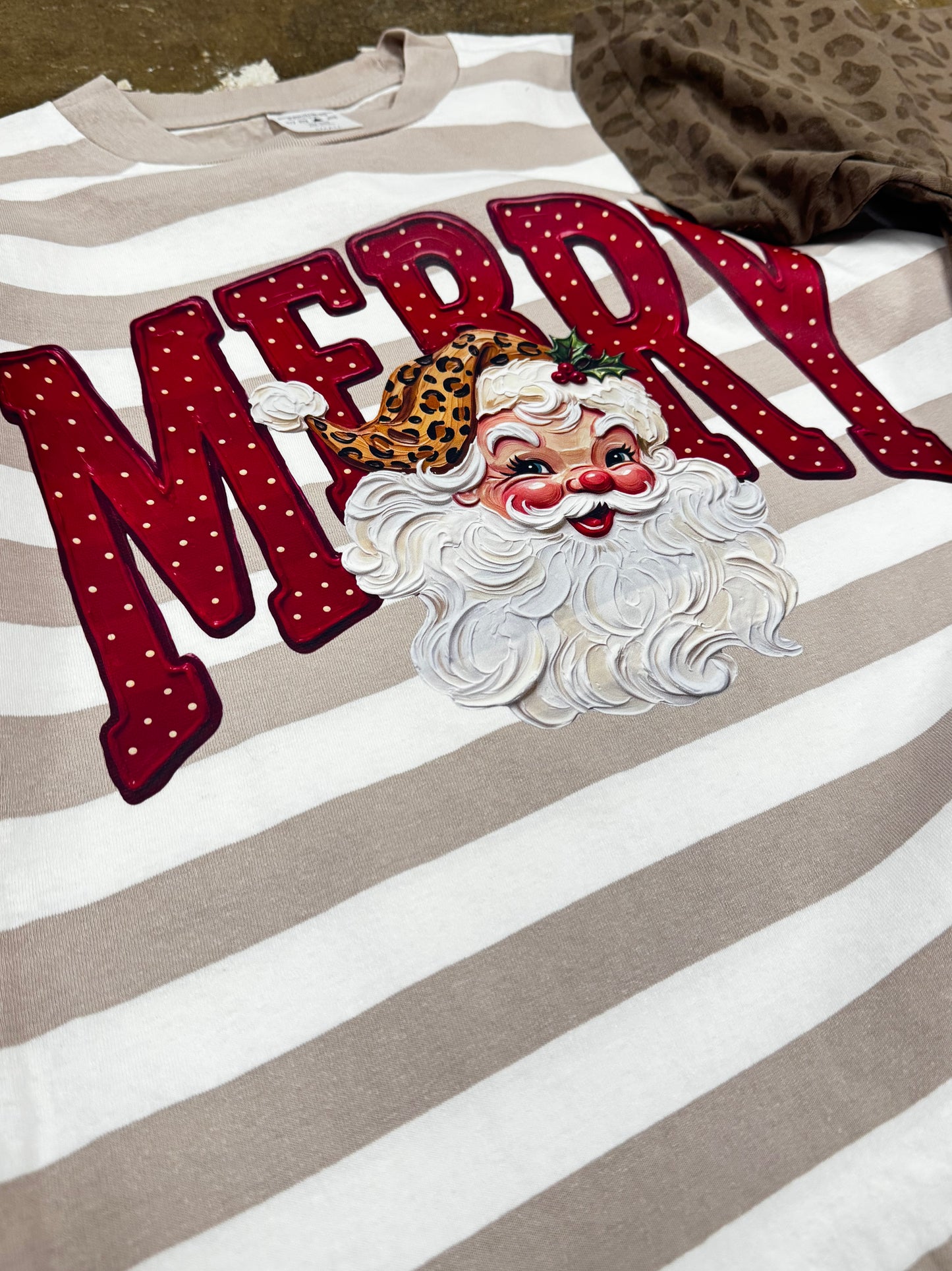 Merry Santa | Striped Tan Short Sleeve Tee