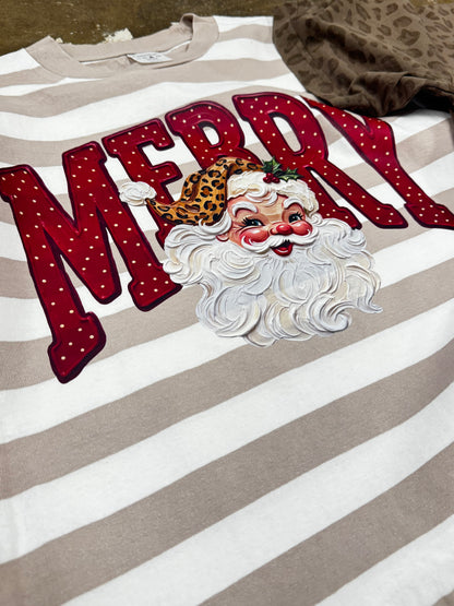 Merry Santa | Striped Tan Short Sleeve Tee