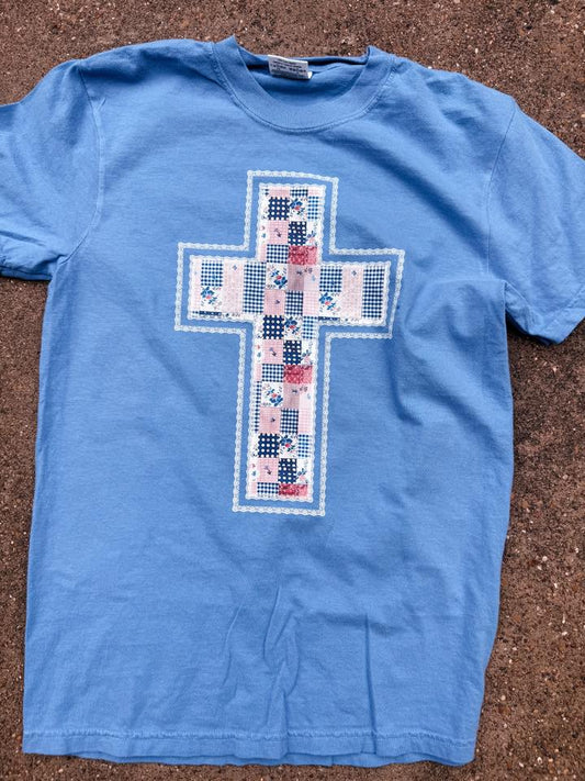 Pink & Blue Patchwork Cross | Mystic Blue | Short Sleeve