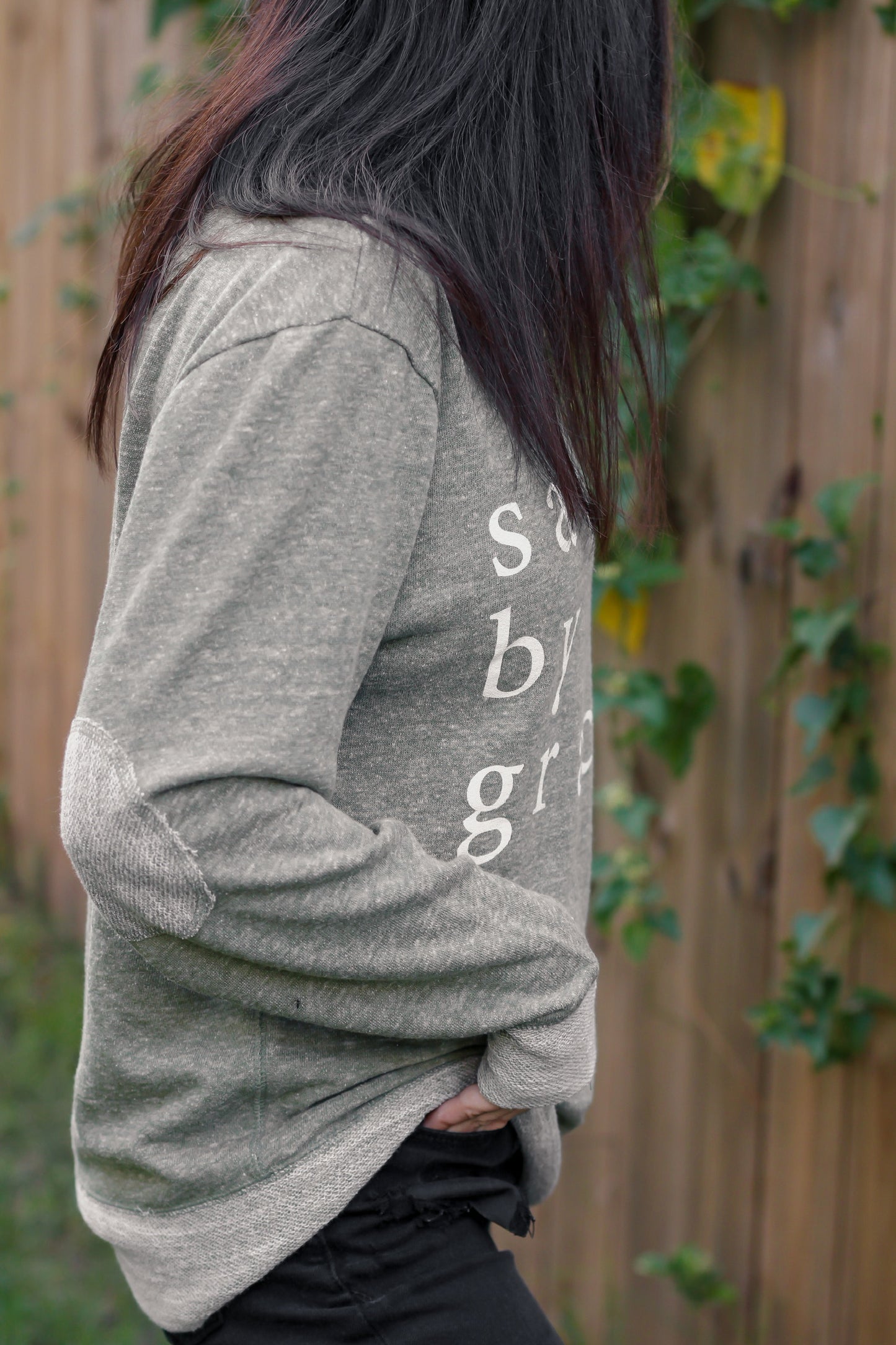 Saved By Grace | Military Green | French Terry Sweater with Elbow Patches