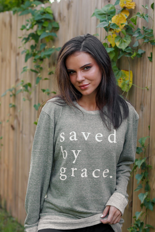 Saved By Grace | Military Green | French Terry Sweater with Elbow Patches
